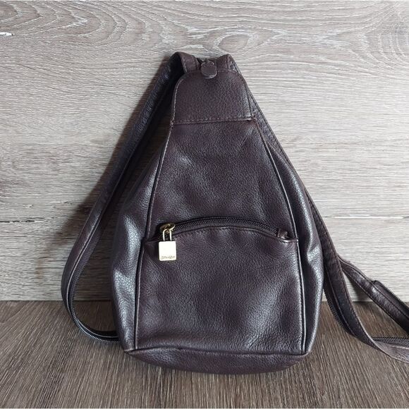 St. Johns Bay Vintage Brown Pebbled Leather Sling, Shoulder Backpack Bag - Picture 1 of 7